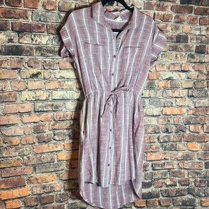 Maroon and white striped dress with cinch waist